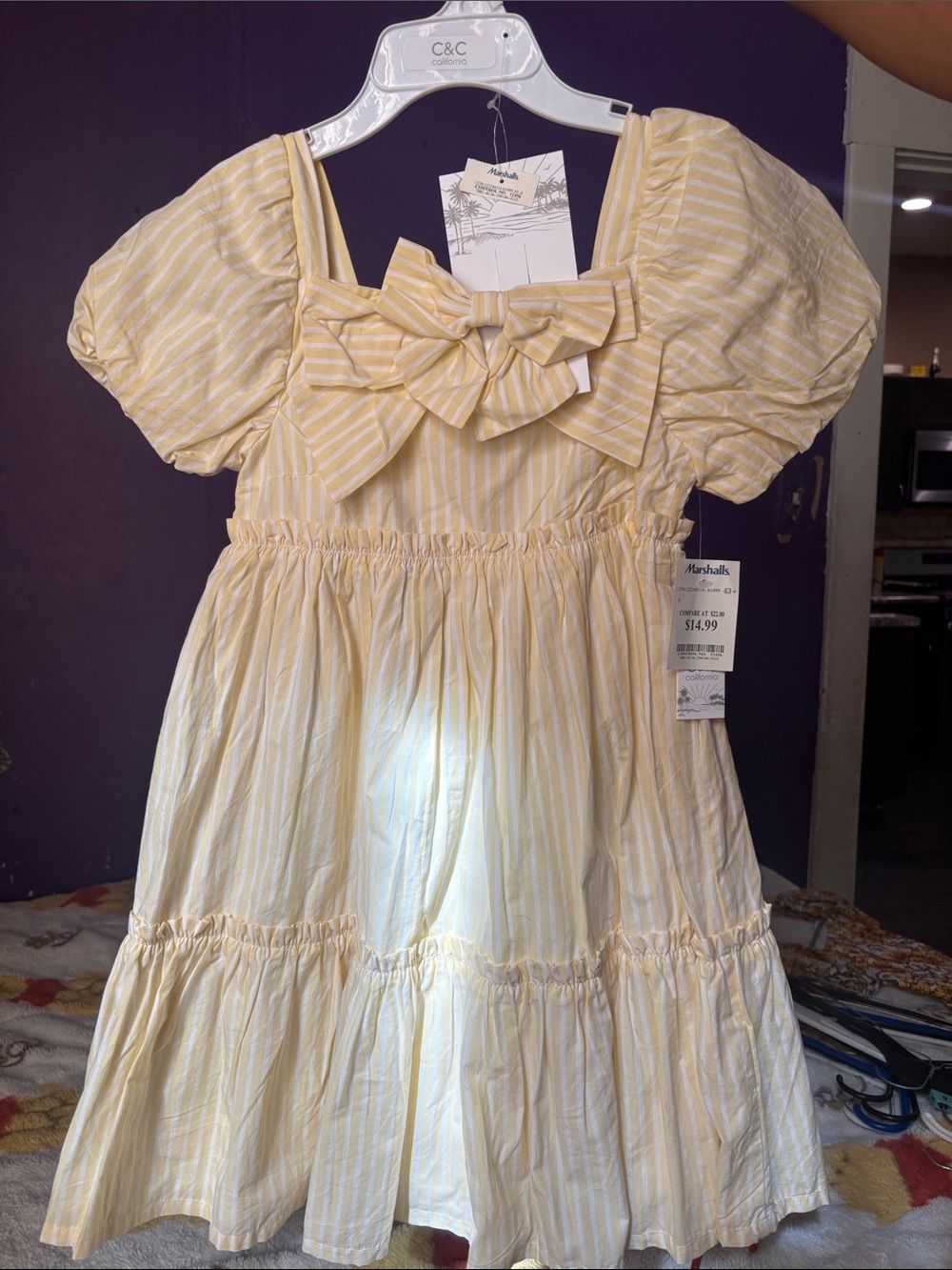 Marshalls Yellow and White Striped Bow-Front Puff Sleeve Dress